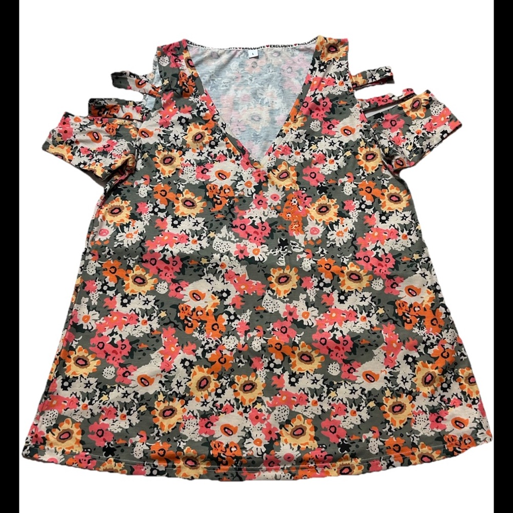 Exclusive Cold Shoulder Floral‎ Print Top Women's L